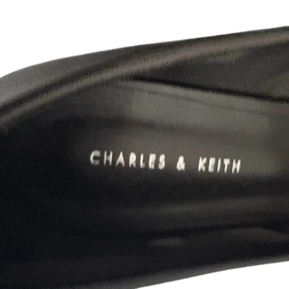 Charles & Keith Faux Black Leather ADORE Charm Mary Jane Ballet Flats Shoes Glam